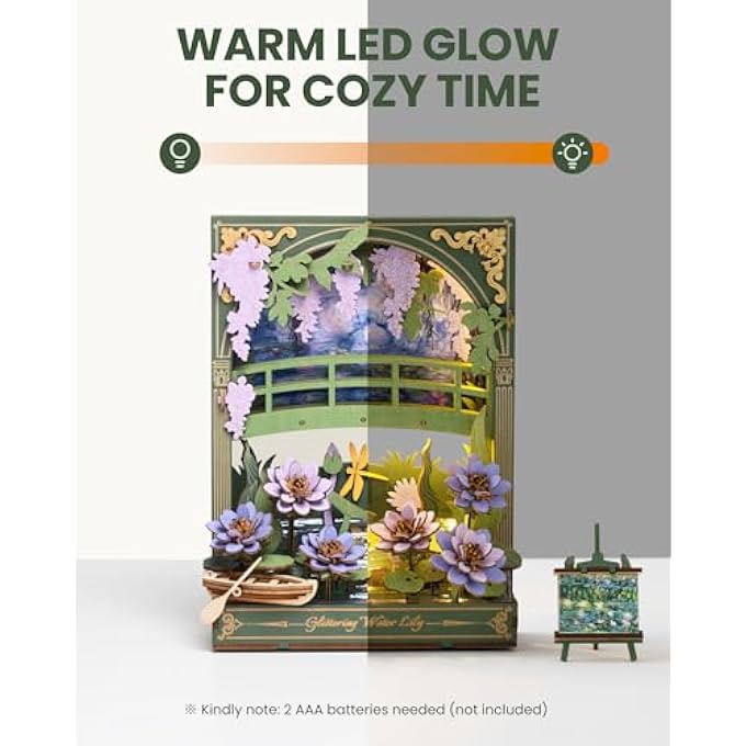 3D WOODEN PUZZLE FOR ADULTS KIDS WITH LED LIGHT, FLOWER MODEL KITS, TABLETOP DISPLAY, WALL ART DECO, PUZZLE GIFTS FOR WOMEN MEN TH001 WATER LILY - Image 3